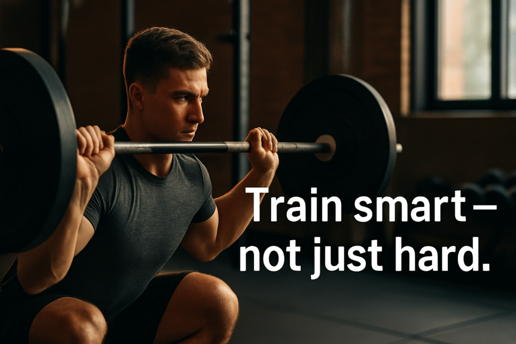 Focused-man-performing-barbell-squat-in-gym-with-text-train-smart-not-just-hard