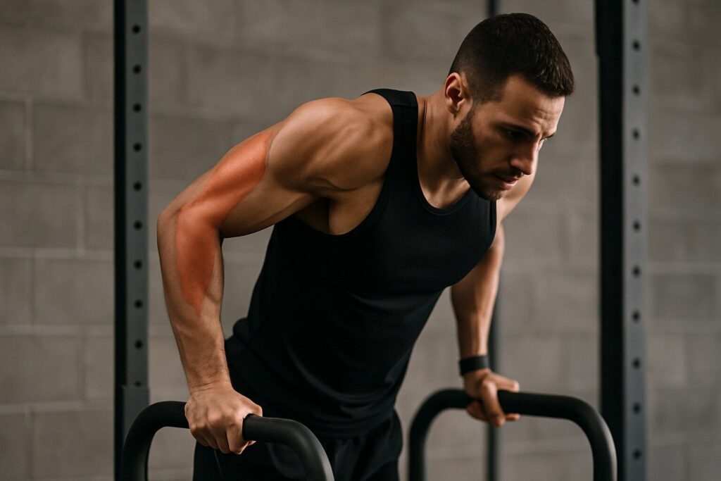 Man-performing-bodyweight-dip-with-highlighted-triceps-muscles