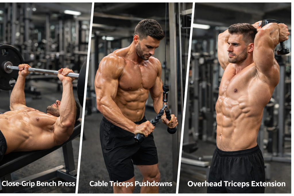 Triceps-workout-showing-close-grip-bench-press-pushdowns-and-overhead-extension