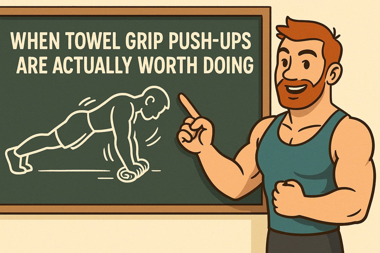 Cartoon-instructor-explaining-towel-grip-pushups