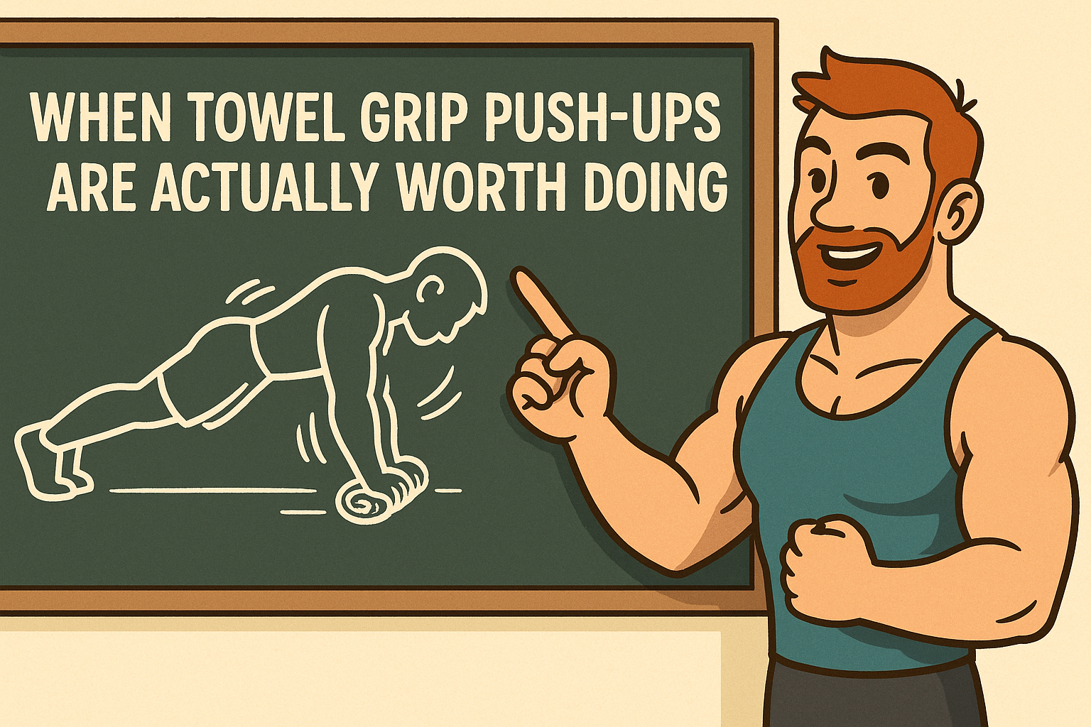 Cartoon-instructor-explaining-towel-grip-pushups