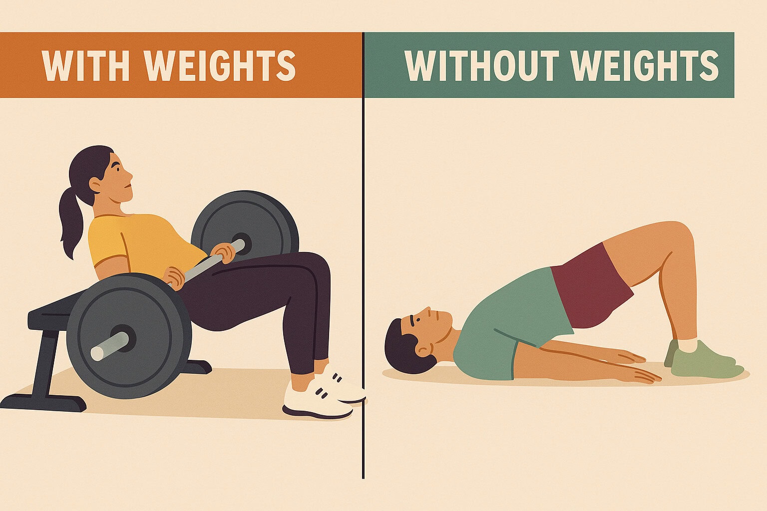 Illustration-showing-weighted-hip-thrust-vs-bodyweight-glute-bridge