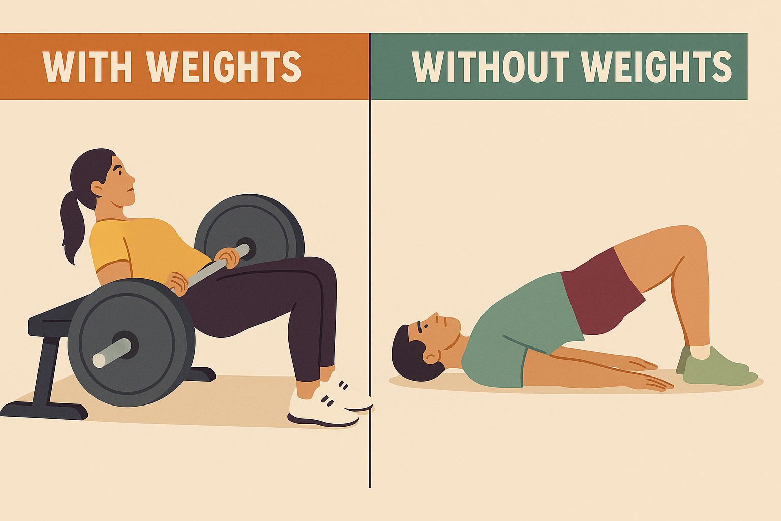 Illustration-showing-weighted-hip-thrust-vs-bodyweight-glute-bridge