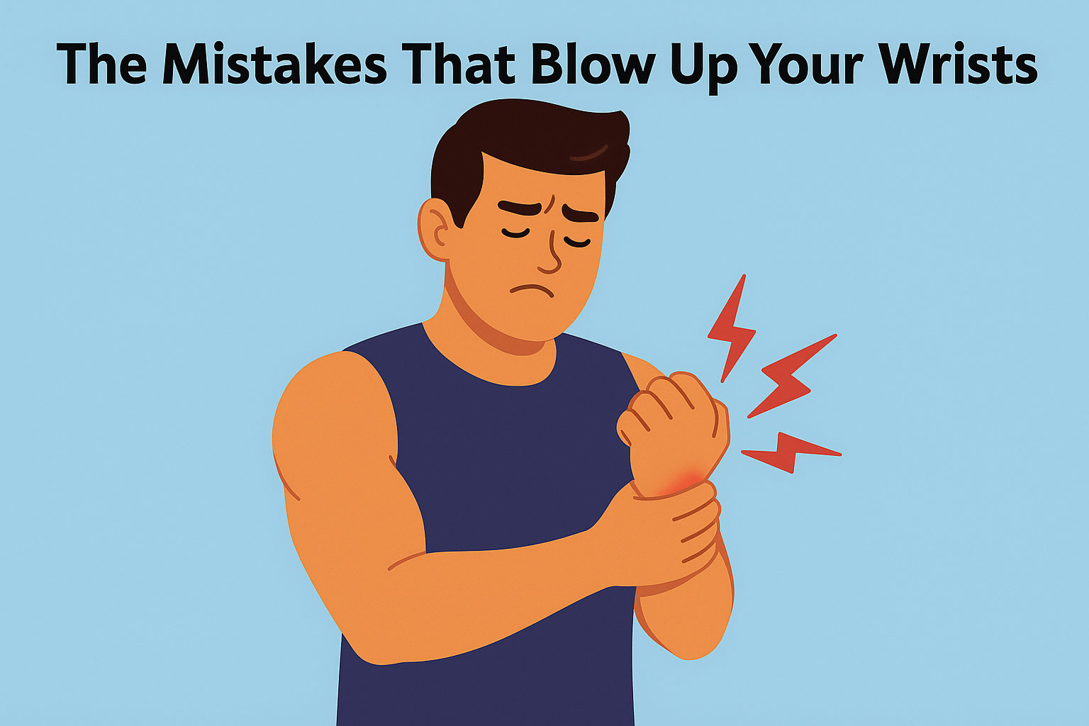 Cartoon-man-holding-sore-wrist-with-red-pain-signs