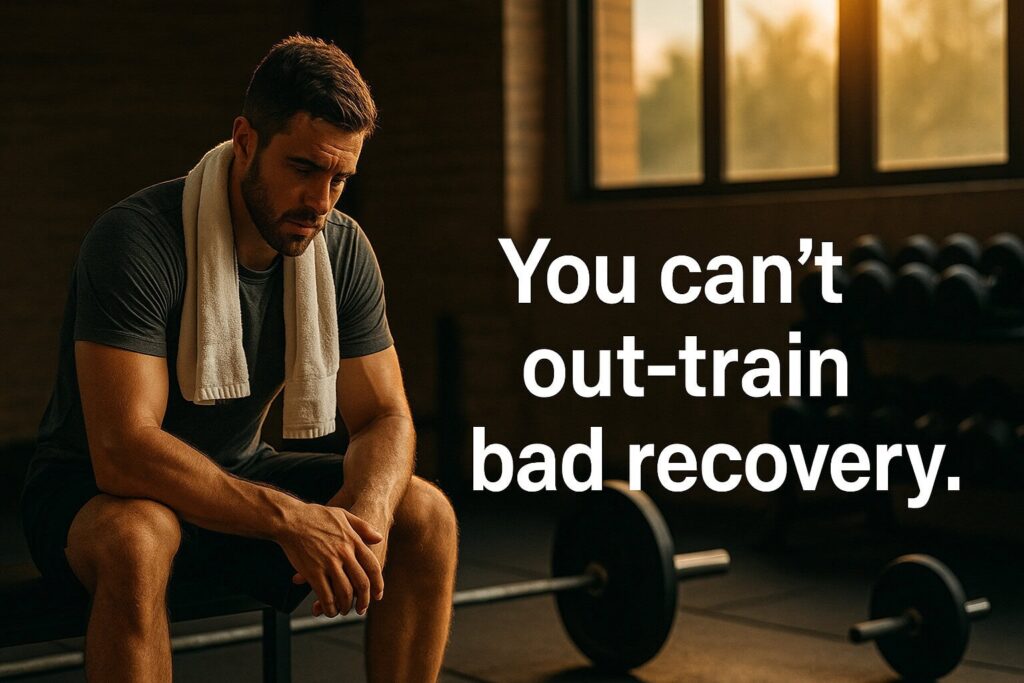 Tired-man-sitting-on-bench-in-gym-with-text-you-cant-out-train-bad-recovery