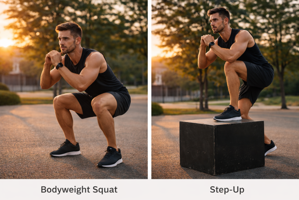 Side-by-side-bodyweight-squat-and-step-up-exercises