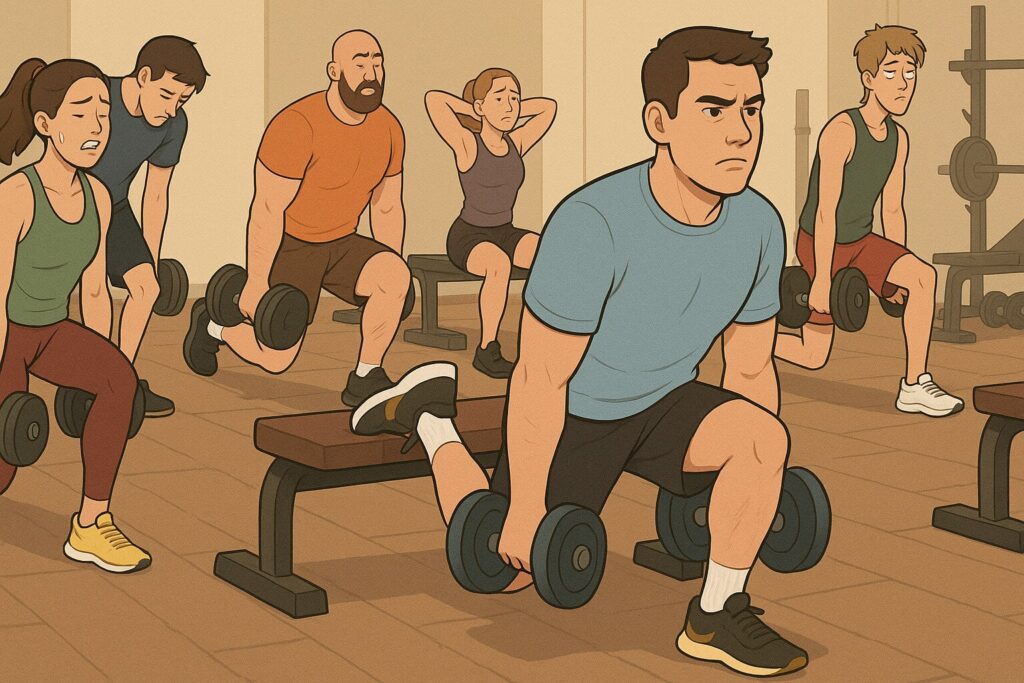 Bulgarian-split-squat-cartoon-gym-scene-with-multiple-lifters-training