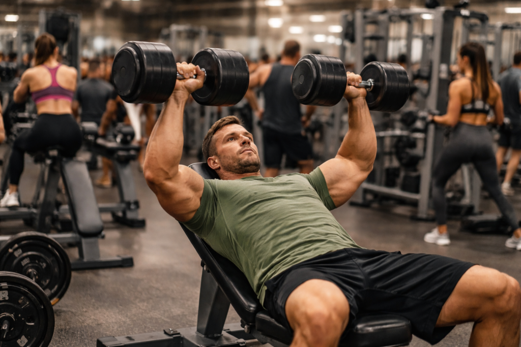 Crowded-gym-bench-press-area-with-constant-movement