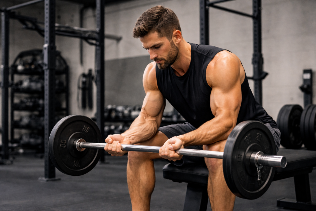 Wrist-curl-forearm-warm-up-with-barbell-in-gym