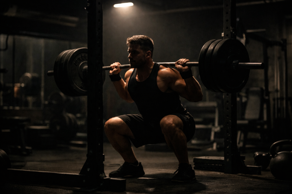 Barbell-squat-in-dim-gym-lighting
