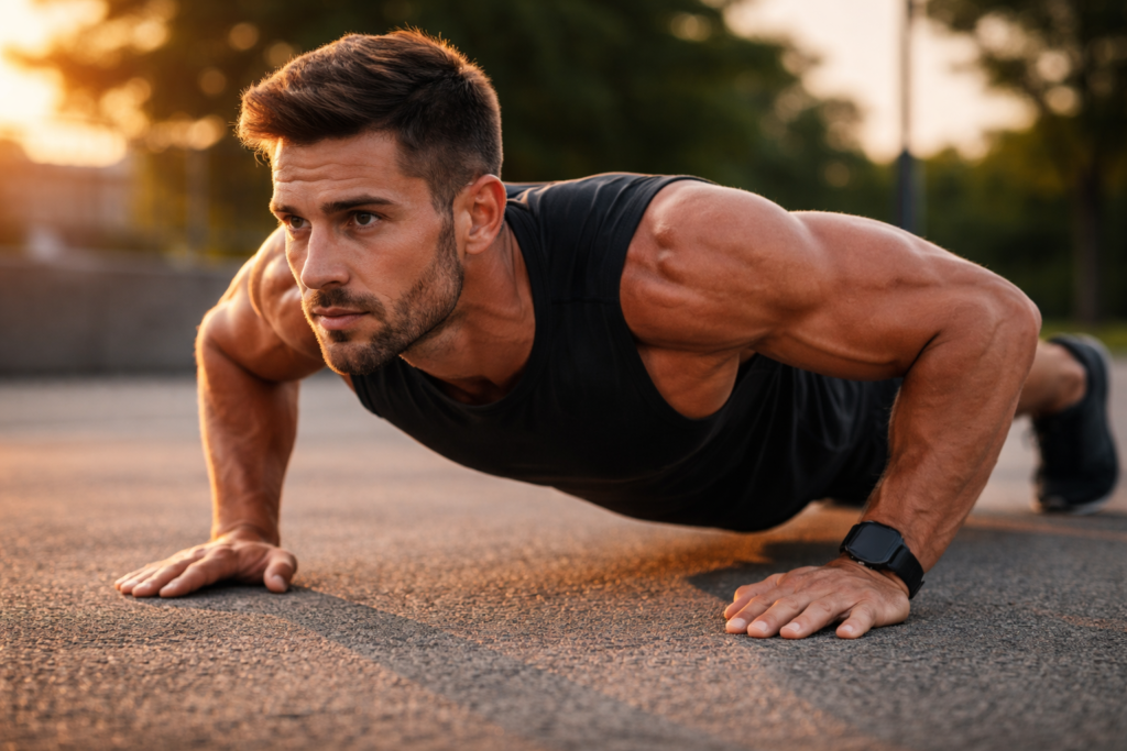 Athletic-man-performing-push-up-outdoors