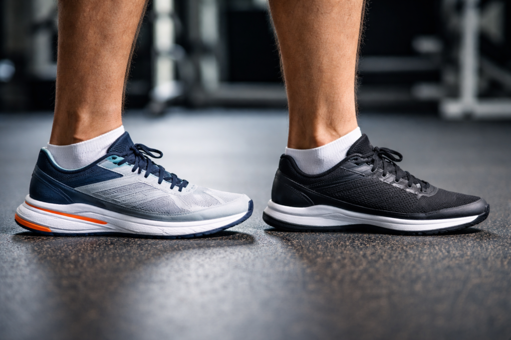 Raised-heel-gym-shoes-on-rubber-floor