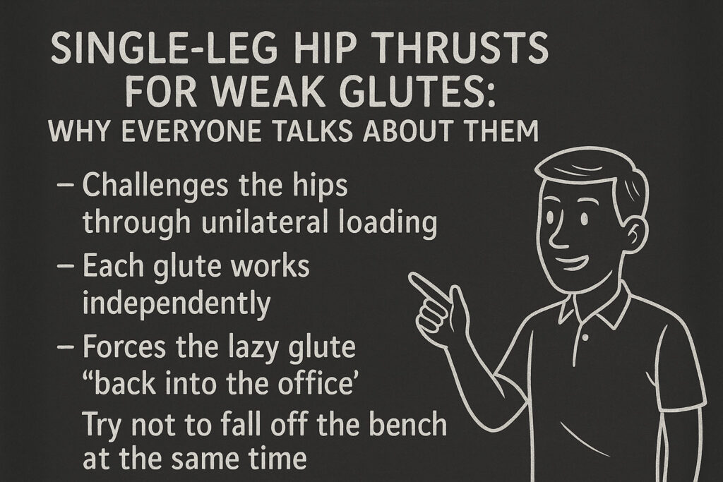 Cartoon-figure-explaining-single-leg-hip-thrust-benefits-on-chalkboard