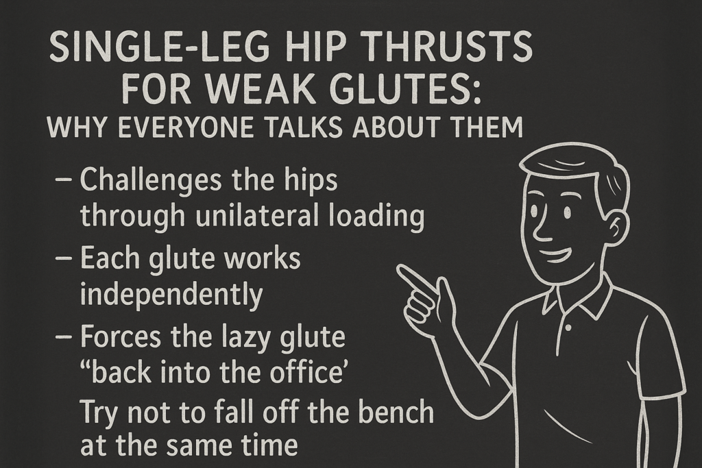 Cartoon-figure-explaining-single-leg-hip-thrust-benefits-on-chalkboard