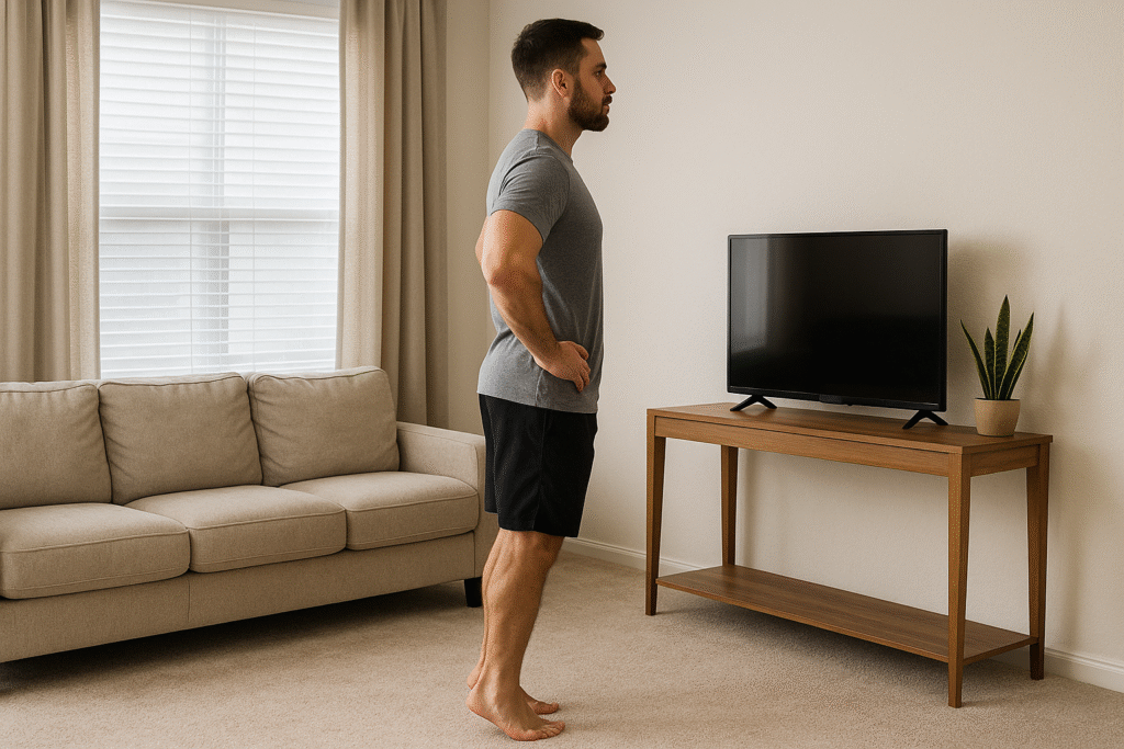 Man-performing-standing-calf-raises-at-home-in-front-of-tv