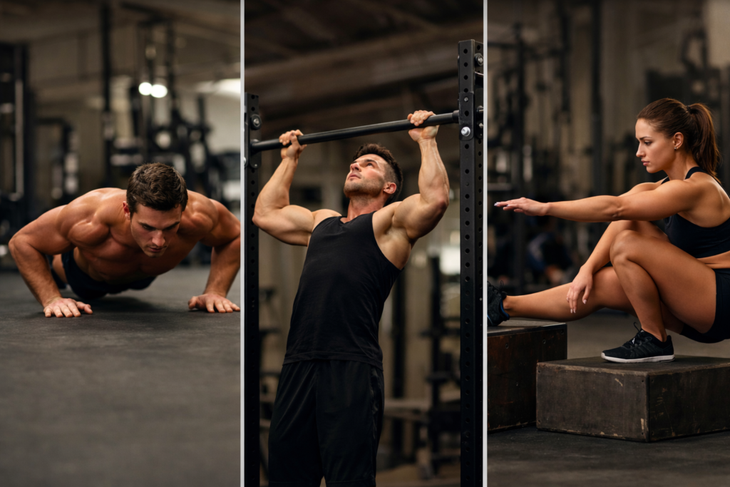 Athletes-performing-push-up-pull-up-pistol-squat-in-gym