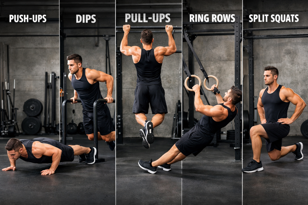 Bodyweight-workout-push-ups-dips-pull-ups-ring-rows-squats