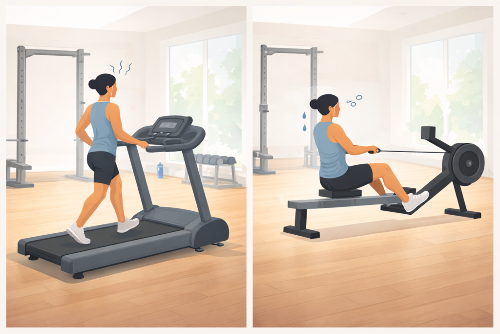 Incline-walking-and-rowing-after-strength-training