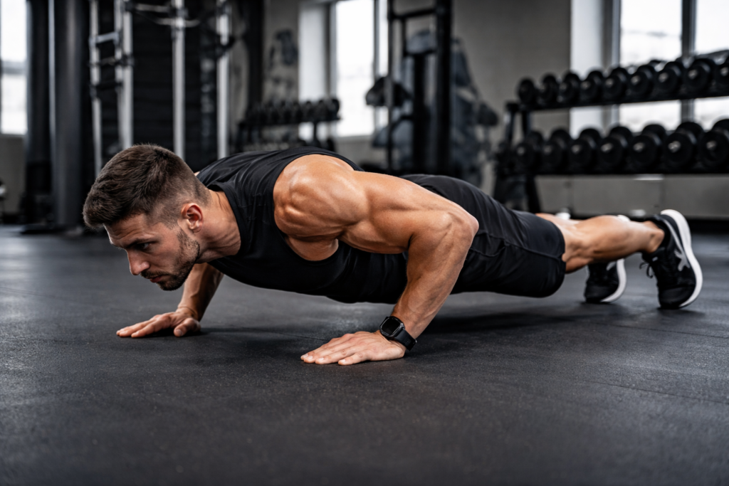 Controlled-eccentric-push-up-lowering-phase-on-gym-floor