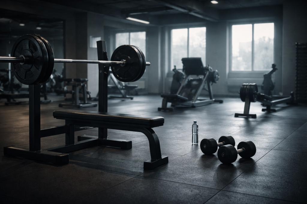 Empty-gym-bench-press-setup