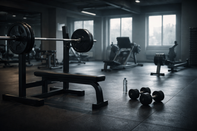 Empty-gym-bench-press-setup