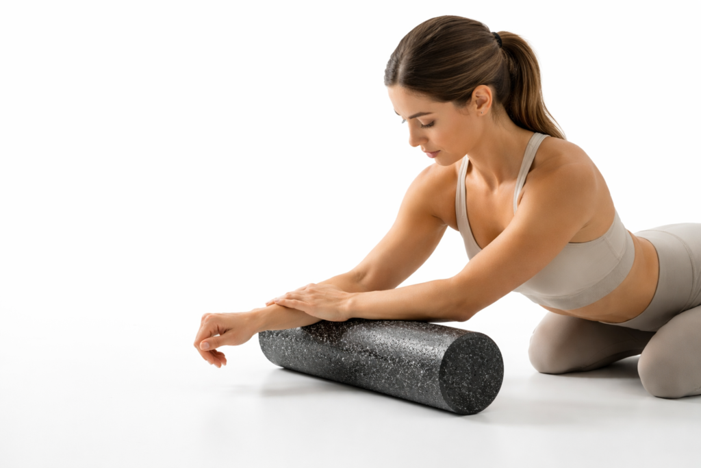 Forearm-muscle-foam-roller-massage-on-white-background