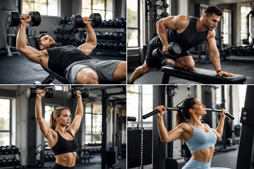 Upper-body-strength-training-exercises-in-gym-collage