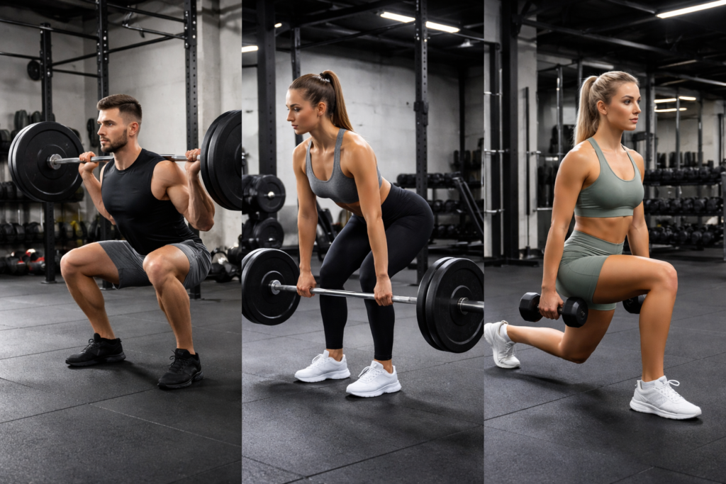 Barbell-squat-romanian-deadlift-and-lunge-sequence