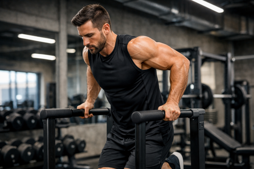 Controlled-eccentric-dip-on-parallel-bars