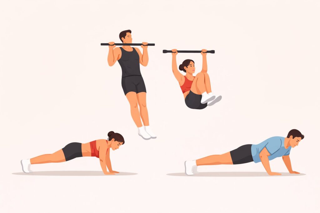 Plank-pull-up-push-up-hanging-knee-raise-sequence