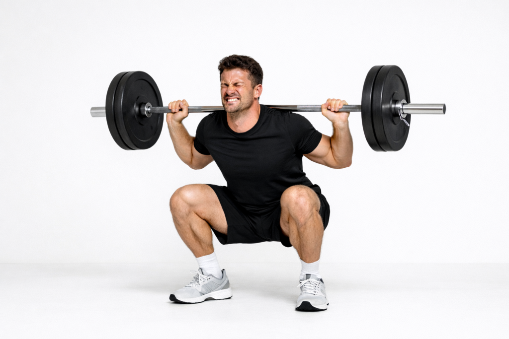 Barbell-back-squat-deep-position-under-heavy-load