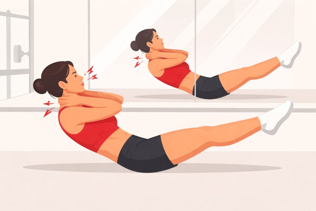 Hollow-hold-position-gym-mirror-neck-discomfort