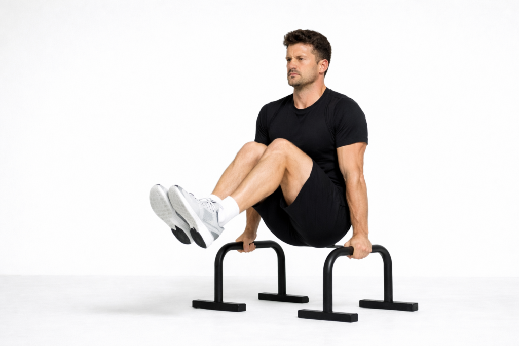 Tuck-l-sit-hold-with-knees-bent-on-parallel-bars