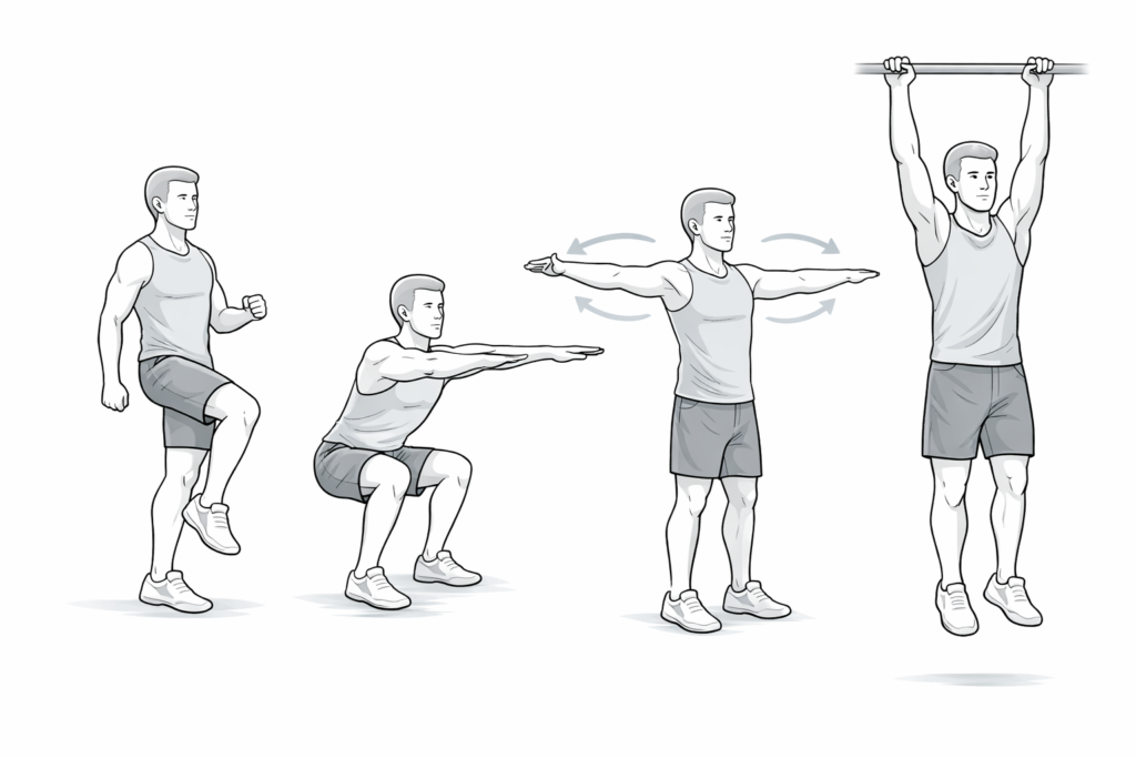 Warm-up-sequence-marching-squat-shoulder-circles-dead-hang-steps