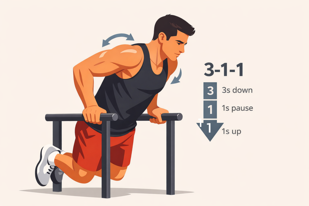Dip-exercise-tempo-controlled-descent-parallel-bars