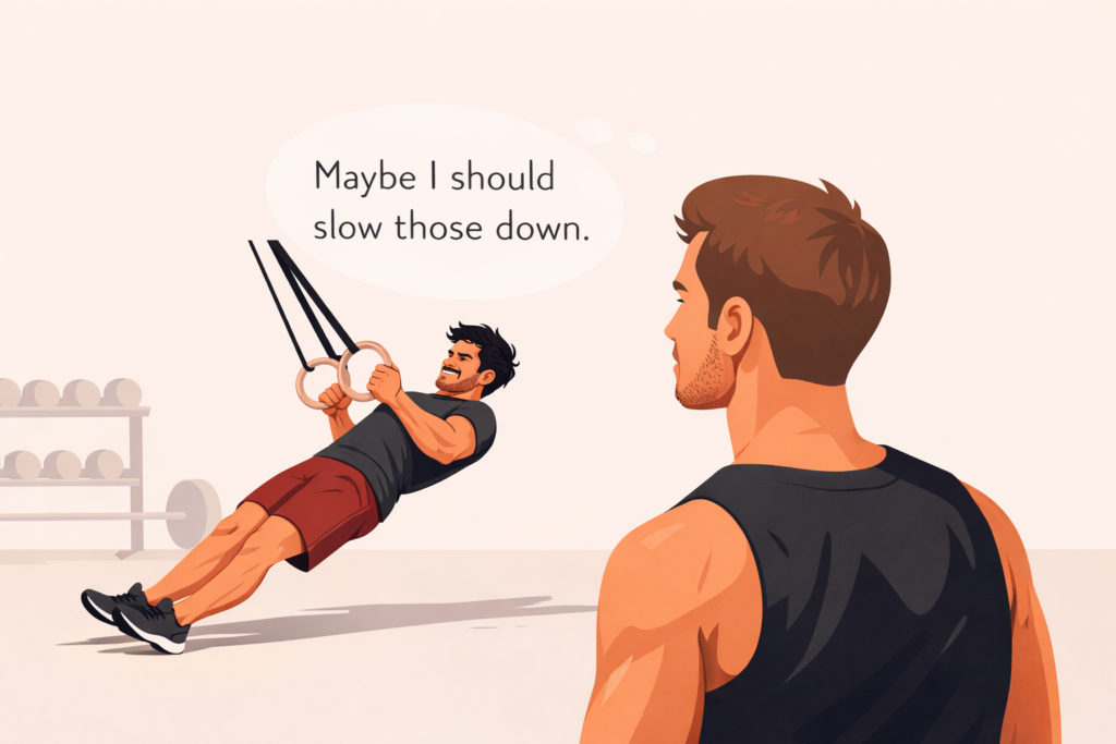 Gym-athlete-thinking-to-slow-ring-row-reps