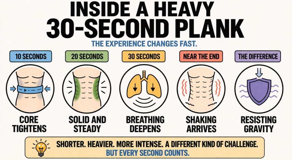 Weighted-plank-core-engagement-timeline-showing-10-20-30-second-stages-breathing-stability-and-gravity-resistance