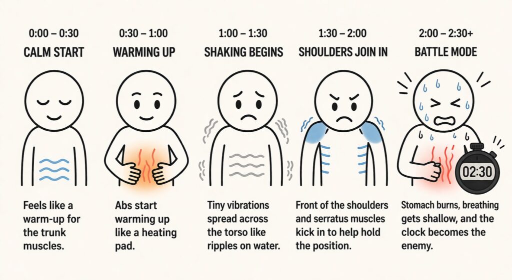 Core-fatigue-stages-during-long-plank-timeline-infographic-showing-muscle-activation-and-timer-pressure