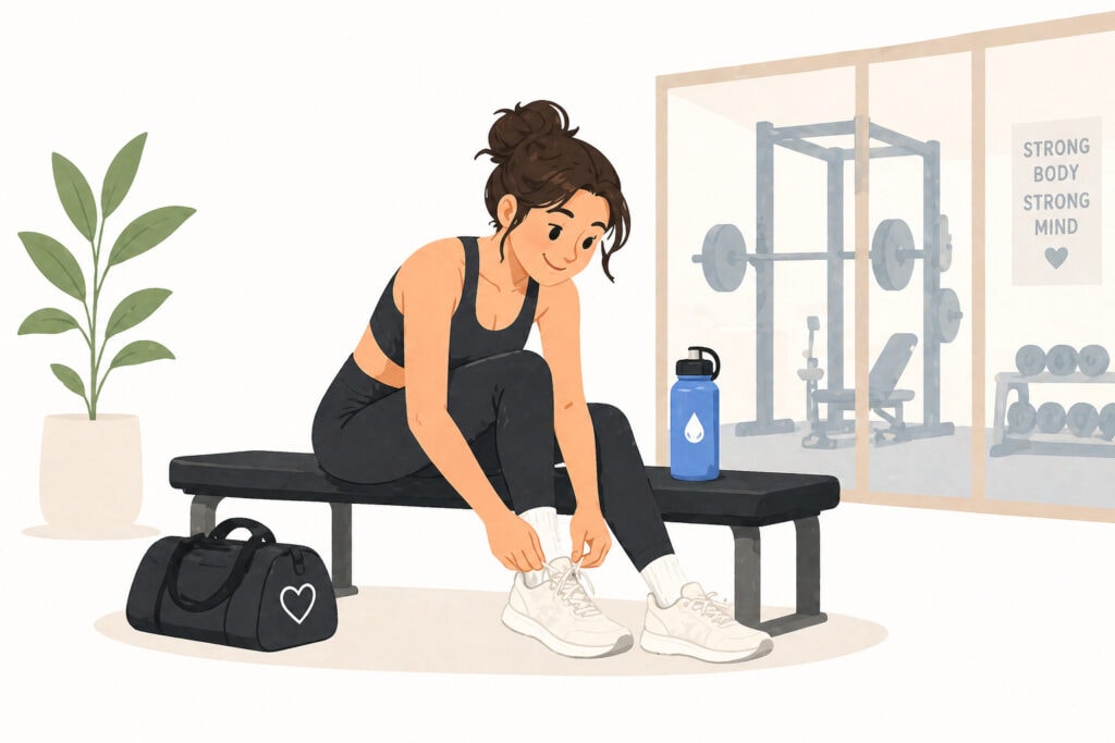 Female-athlete-tying-shoes-on-bench-with-gym-background