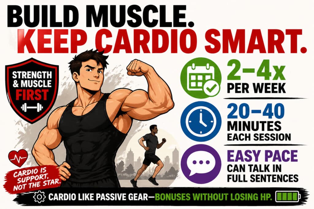 Muscular-lifter-with-simple-cardio-guidelines-showing-sessions-minutes-and-easy-pace-for-muscle-goals