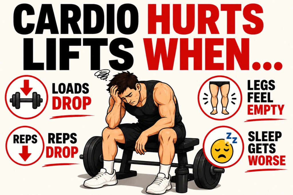Exhausted-lifter-on-bench-with-large-warning-icons-showing-load-drop-rep-drop-empty-legs-and-poor-sleep