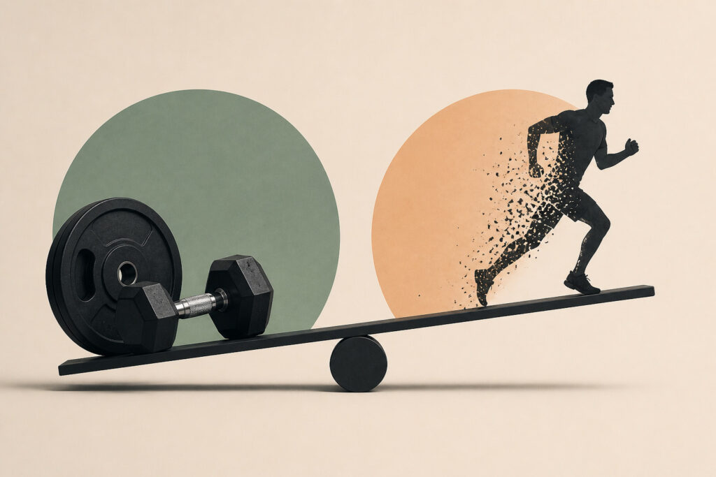 Minimal-balance-scene-with-weights-and-running-silhouette-breaking-apart
