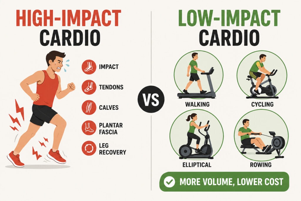 High-impact-vs-low-impact-cardio-comparison-running-vs-cycling-walking-elliptical-rowing-recovery-impact