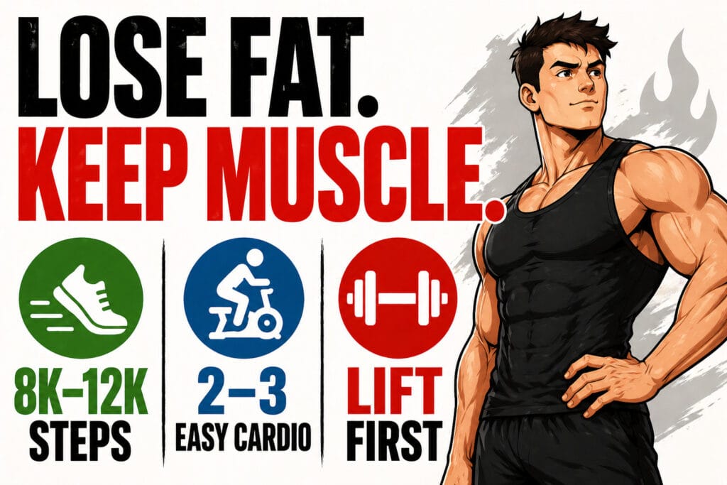 Muscular-lifter-with-simple-fat-loss-plan-showing-steps-easy-cardio-and-lifting-priority