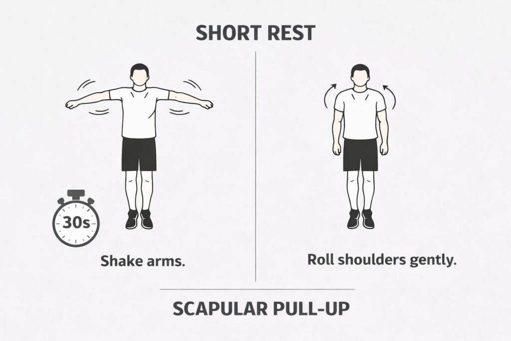 Short-rest-thirty-seconds-arm-shake-shoulder-roll-gentle-mobility-recovery