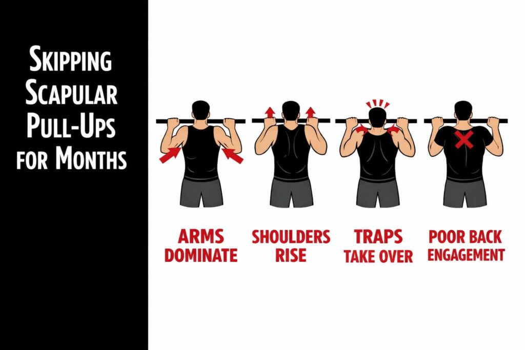 Skipping-scapular-pull-ups-for-months-causes-arms-dominance-shoulder-elevation-traps-overwork-and-poor-back-engagement