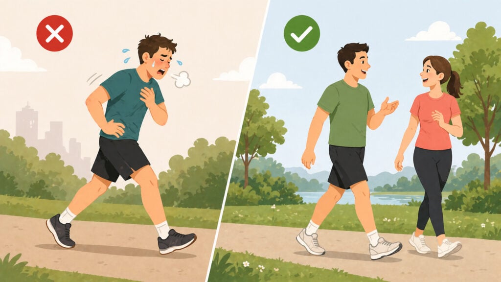 Split-scene-showing-breathless-fast-walking-versus-easy-walking-and-stopping-to-talk