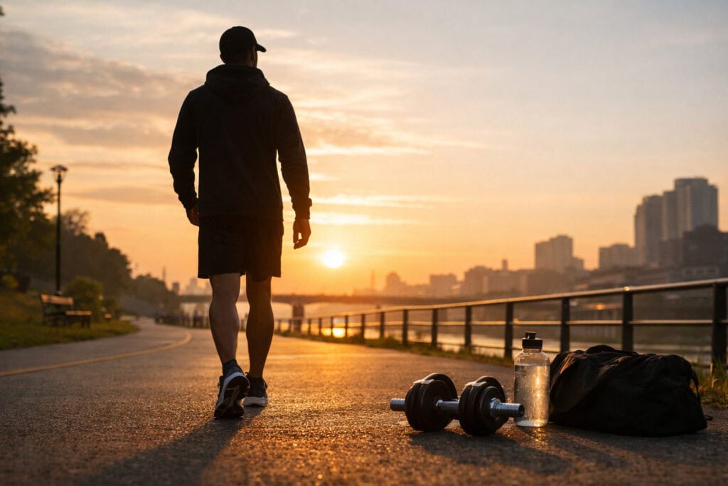 Outdoor-walking-path-near-water-at-sunrise-with-gym-gear-on-ground
