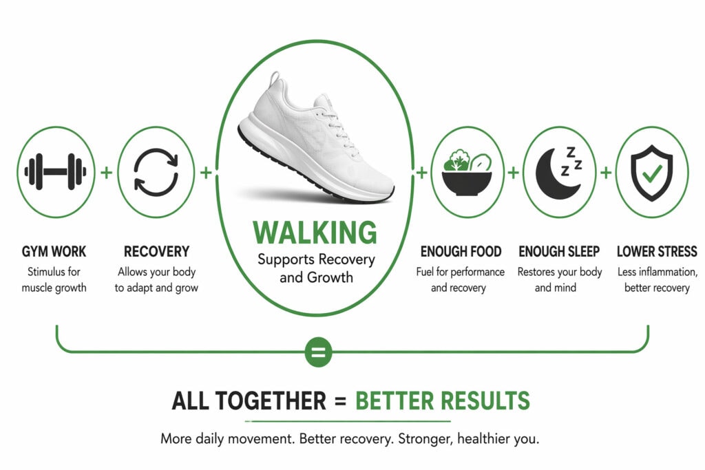 Walking-shoe-icons-gym-food-sleep-stress-recovery-benefits