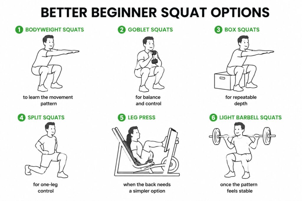Beginner-squat-options-bodyweight-goblet-box-split-leg-press-barbell